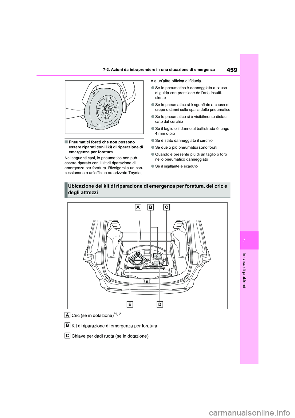 TOYOTA RAV4 2023  Manuale duso (in Italian) 459
7 
7-2. Azioni da intraprendere in una situazione di emergenza
In caso di problemi
■Pneumatici forati che non possono  essere riparati con il kit di riparazione di emergenza per foratura 
Nei se