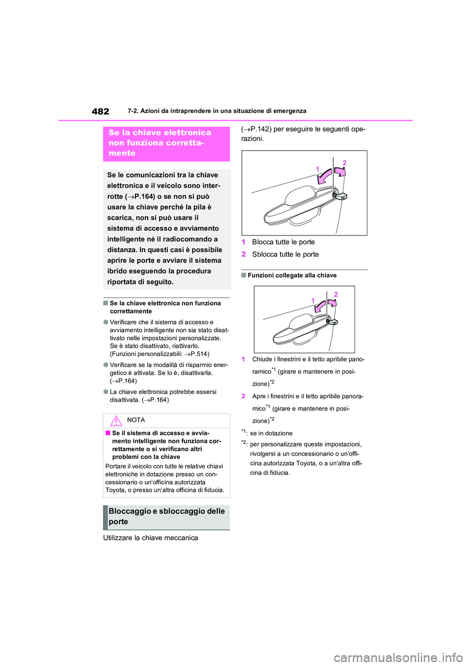 TOYOTA RAV4 2023  Manuale duso (in Italian) 4827-2. Azioni da intraprendere in una situazione di emergenza
■Se la chiave elettronica non funziona  
correttamente
●Verificare che il sistema di accesso e 
avviamento intelligente non sia stato