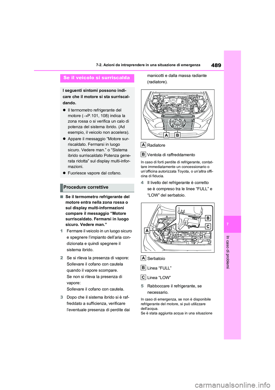 TOYOTA RAV4 2023  Manuale duso (in Italian) 489
7 
7-2. Azioni da intraprendere in una situazione di emergenza
In caso di problemi
■Se il termometro refrigerante del  
motore entra nella zona rossa o 
sul display multi-informazioni 
compare i