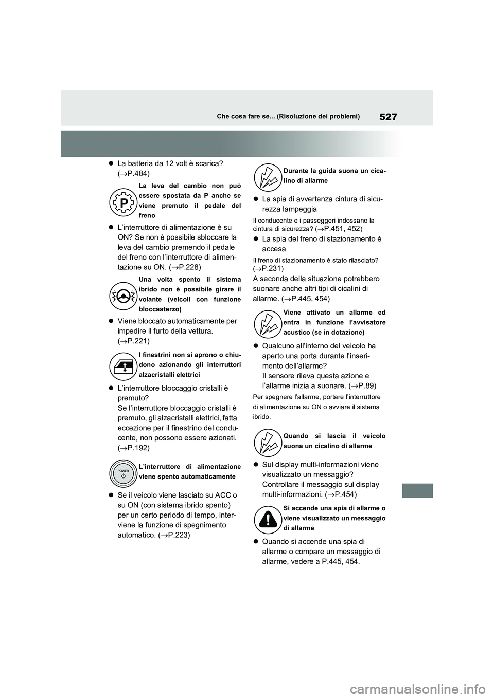 TOYOTA RAV4 2023  Manuale duso (in Italian) 527Che cosa fare se... (Risoluzione dei problemi)
La batteria da 12 volt è scarica?  
( P.484) 
 L’interruttore di alimentazione è su  
ON? Se non è possibile sbloccare la 
leva del camb