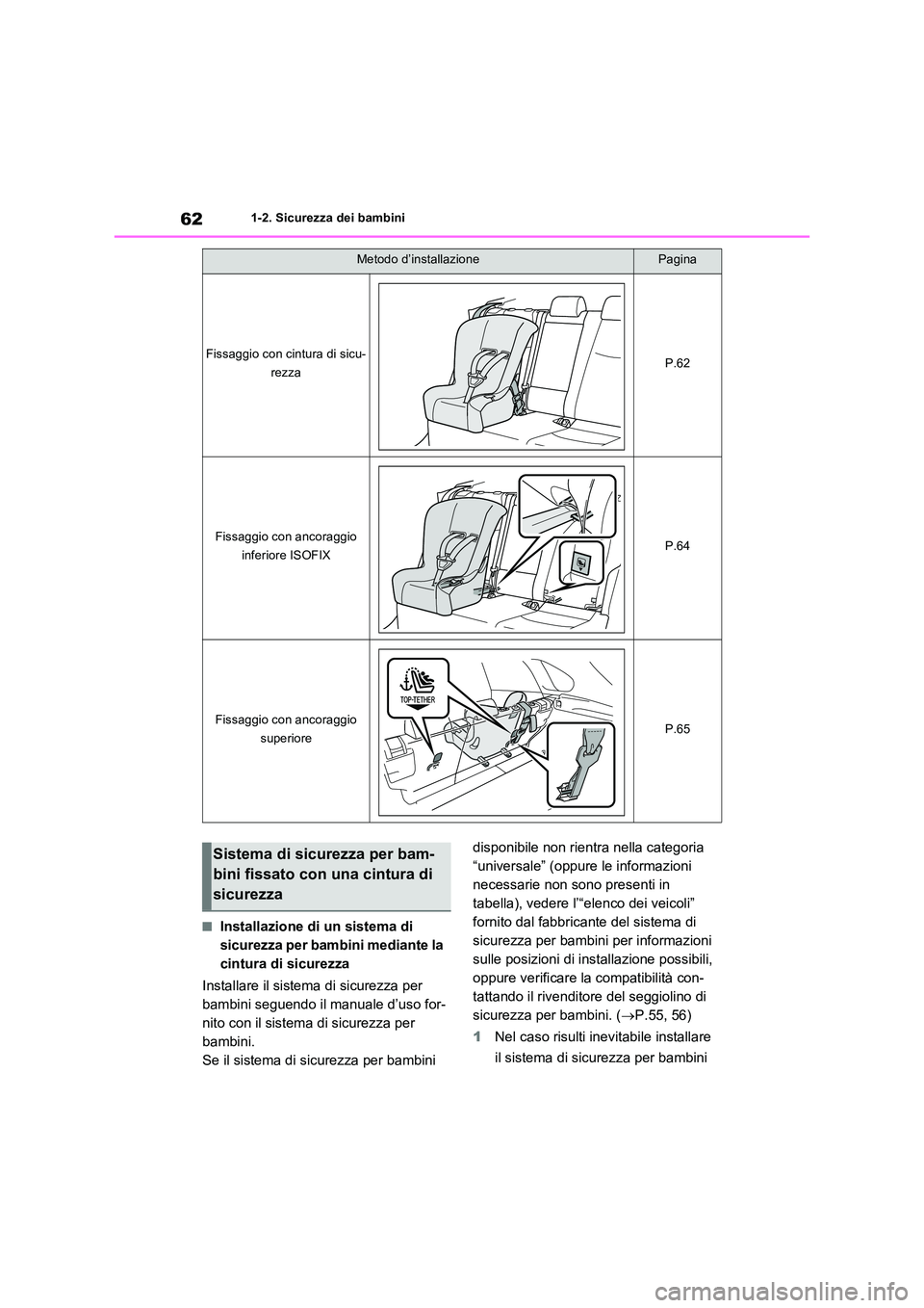 TOYOTA RAV4 2023  Manuale duso (in Italian) 621-2. Sicurezza dei bambini
■Installazione di un sistema di  
sicurezza per bambini mediante la 
cintura di sicurezza 
Installare il sistema di sicurezza per  
bambini seguendo il manuale d’uso f