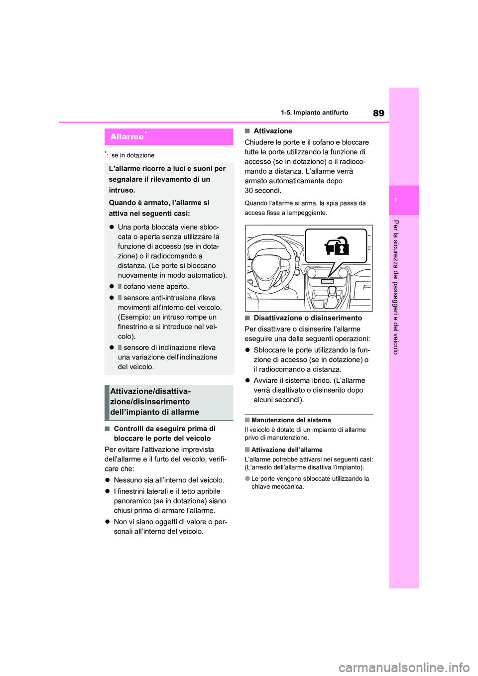 TOYOTA RAV4 2023  Manuale duso (in Italian) 89
1 
1-5. Impianto antifurto
Per la sicurezza dei passeggeri e del veicolo
*: se in dotazione
■Controlli da eseguire prima di  
bloccare le porte del veicolo 
Per evitare l’attivazione imprevista
