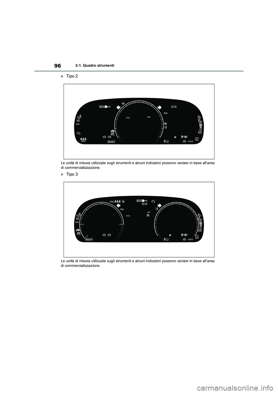 TOYOTA RAV4 2023  Manuale duso (in Italian) 962-1. Quadro strumenti
Tipo 2
Le unità di misura utilizzate sugli strumenti e alcuni indicatori possono variare in base all’area 
di commercializzazione.
Tipo 3
Le unità di misura utilizzat