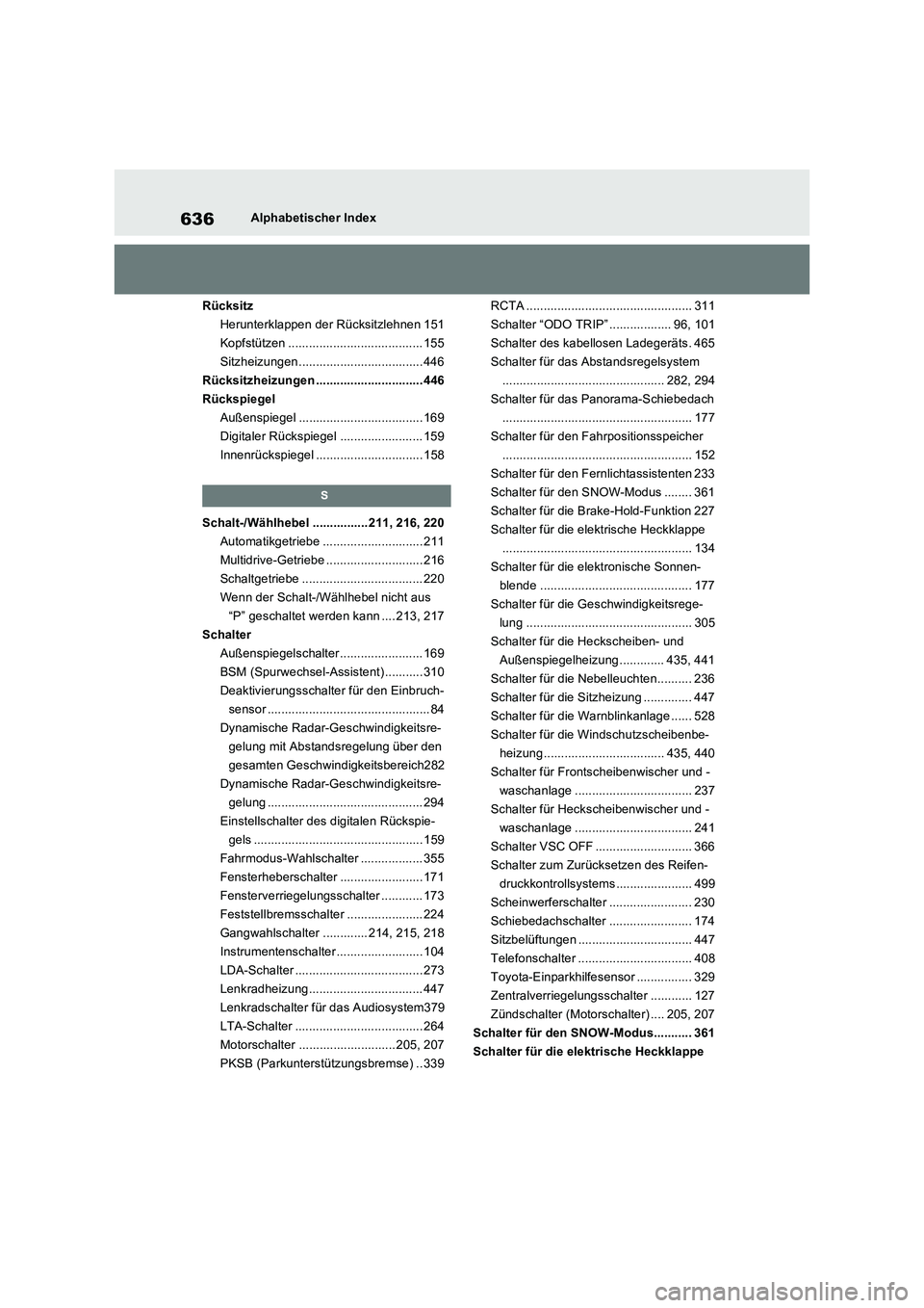 TOYOTA RAV4 2022  Betriebsanleitungen (in German) 636Alphabetischer Index
Rücksitz
Herunterklappen der Rücksitzlehnen 151
Kopfstützen ....................................... 155
Sitzheizungen .................................... 446
Rücksitzheizu