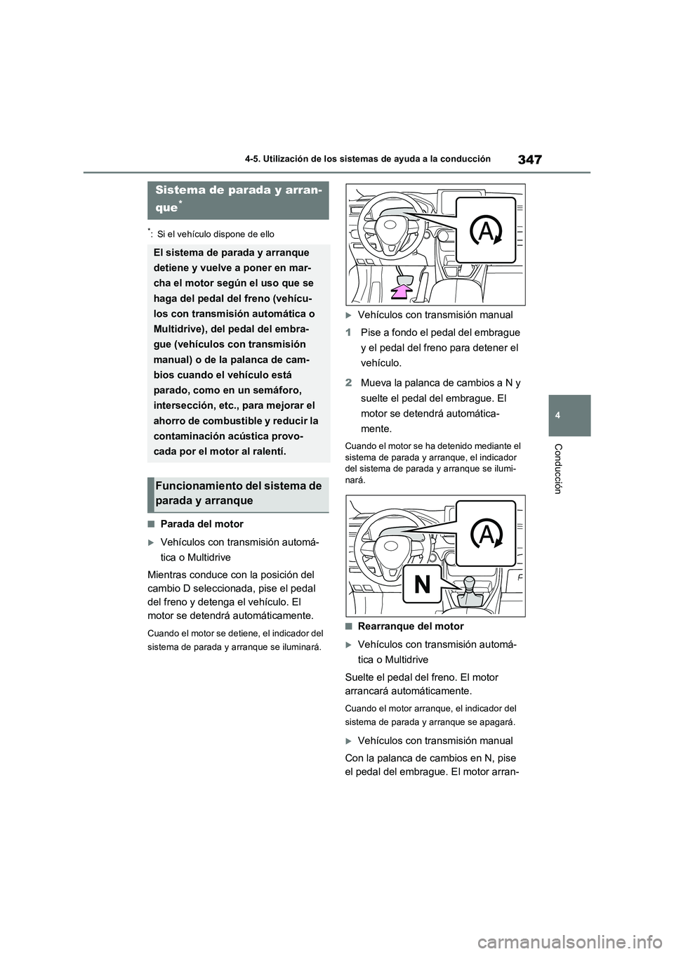 TOYOTA RAV4 2022  Manual del propietario (in Spanish) 347
4 4-5. Utilización de los sistemas de ayuda a la conducción
Conducción
*: Si el vehículo dispone de ello
�QParada del motor
Vehículos con transmisión automá-
tica o Multidrive
Mientras c