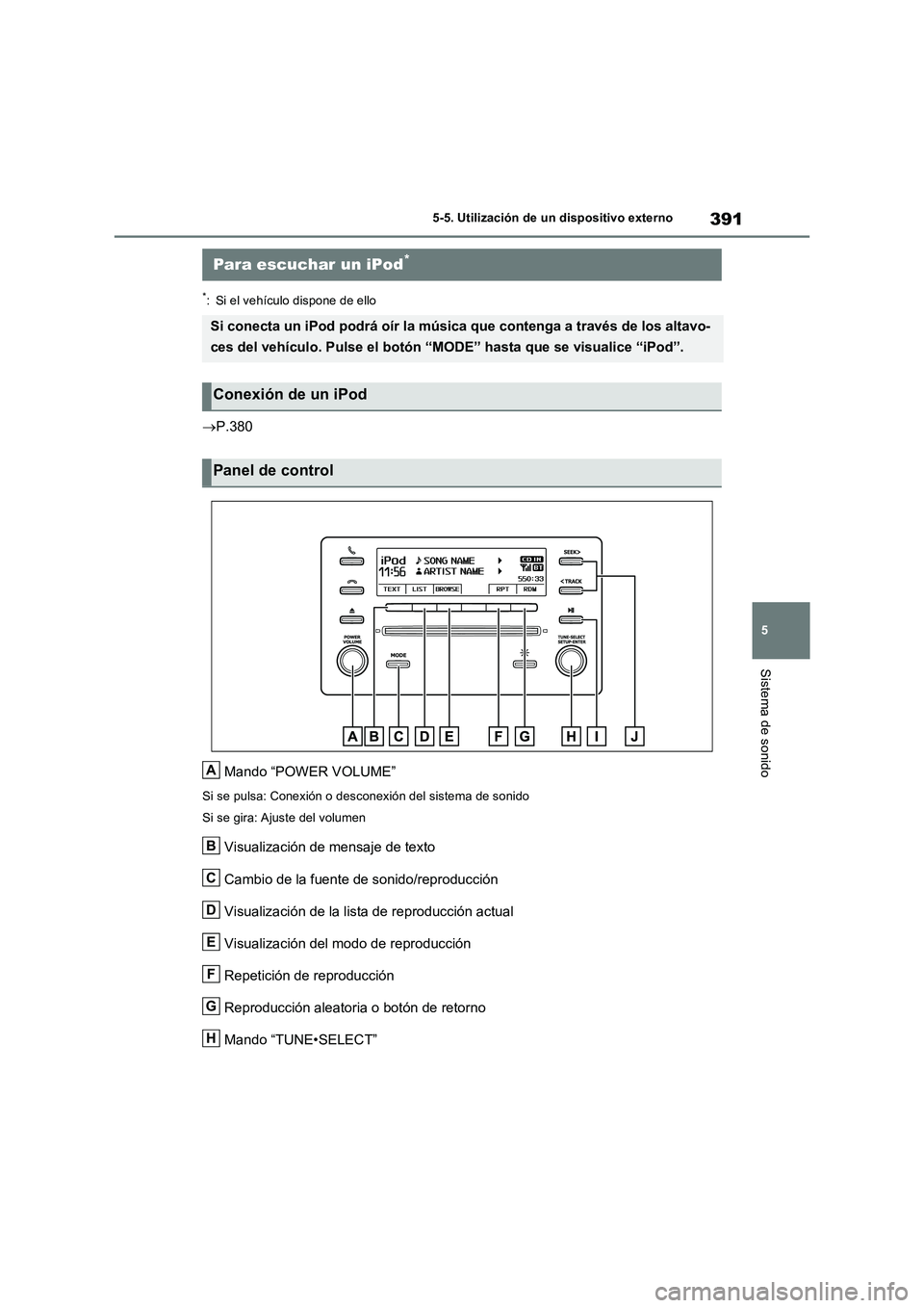 TOYOTA RAV4 2022  Manual del propietario (in Spanish) 391
5 5-5. Utilización de un dispositivo externo
Sistema de sonido
5-5.Utilización de un dispositiv o e xte rno
*: Si el vehículo dispone de ello
P.380
Mando “POWER VOLUME”
Si se pulsa: Cone