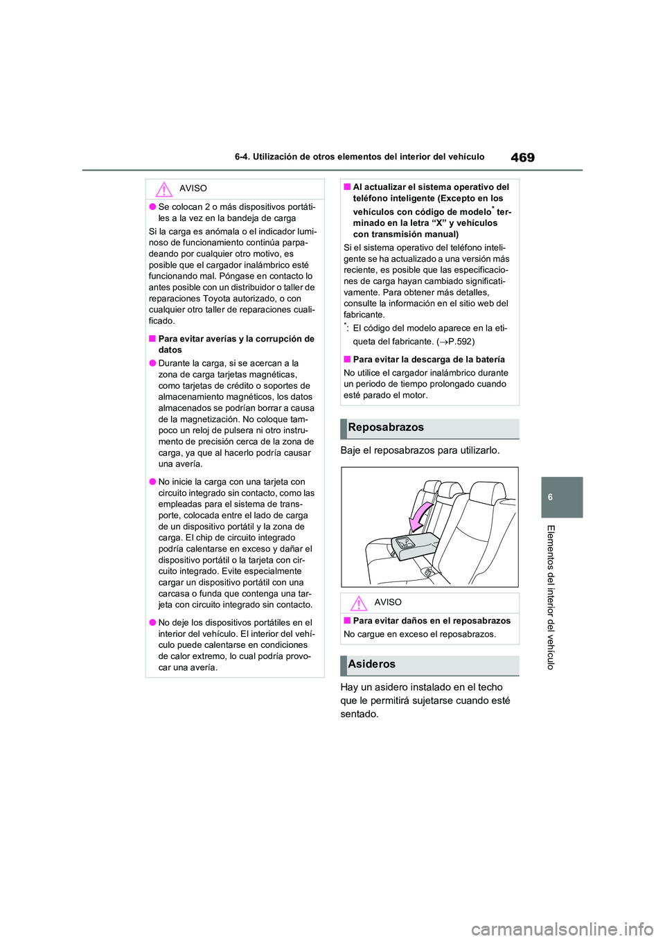 TOYOTA RAV4 2022  Manual del propietario (in Spanish) 469
6 
6-4. Utilización de otros elementos del interior del vehículo
Elementos del interior del vehículo
Baje el reposabrazos para utilizarlo. 
Hay un asidero instalado en el techo  
que le permiti