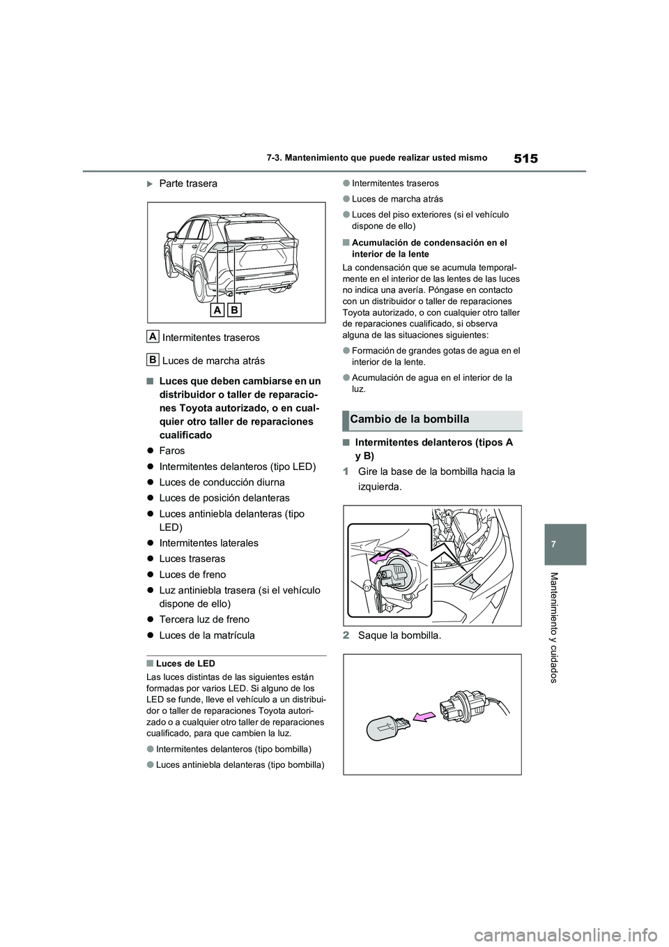 TOYOTA RAV4 2022  Manual del propietario (in Spanish) 515
7 
7-3. Mantenimiento que puede realizar usted mismo
Mantenimiento y cuidados
Parte trasera 
Intermitentes traseros 
Luces de marcha atrás
�QLuces que deben cambiarse en un  
distribuidor o ta