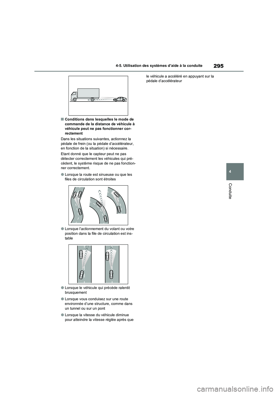 TOYOTA RAV4 2022  Manuel du propriétaire (in French) 295
4 4-5. Utilisation des systèmes d’aide à la conduite
Conduite
�QConditions dans lesquelles le mode de 
commande de la distance de véhicule à 
véhicule peut ne pas fonctionner cor-
rectement