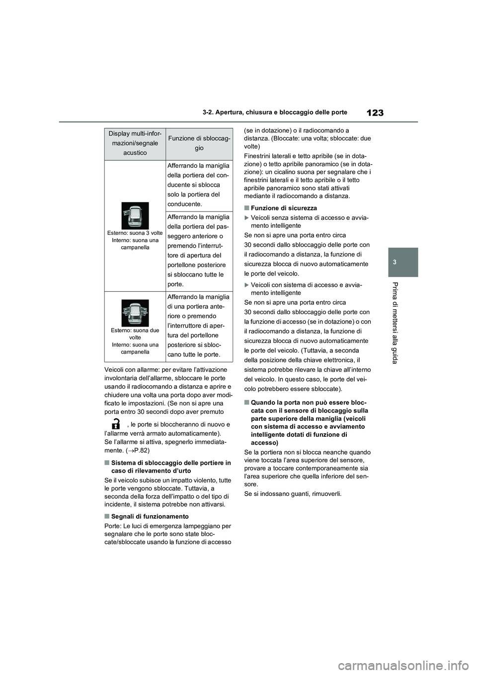 TOYOTA RAV4 2022 Manuale duso (in Italian) 123
3 3-2. Apertura, chiusura e bloccaggio delle porte
Prima di mettersi alla guida
Veicoli con allarme: per evitare l’attivazione
involontaria dell’allarme, sbloccare le porte
usando il radioco TOYOTA RAV4 2022 Manuale duso (in Italian) 123
3 3-2. Apertura, chiusura e bloccaggio delle porte
Prima di mettersi alla guida
Veicoli con allarme: per evitare l’attivazione
involontaria dell’allarme, sbloccare le porte
usando il radioco