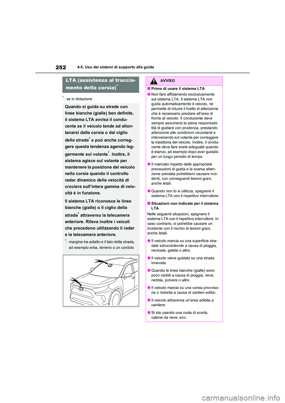 TOYOTA RAV4 2022 Manuale duso (in Italian) 2524-5. Uso dei sistemi di supporto alla guida
*: se in dotazione
LTA (assistenza al traccia-
mento della corsia)*
Quando si guida su strade con
linee bianche (gialle) ben definite,
il sistema LT TOYOTA RAV4 2022 Manuale duso (in Italian) 2524-5. Uso dei sistemi di supporto alla guida
*: se in dotazione
LTA (assistenza al traccia-
mento della corsia)*
Quando si guida su strade con
linee bianche (gialle) ben definite,
il sistema LT