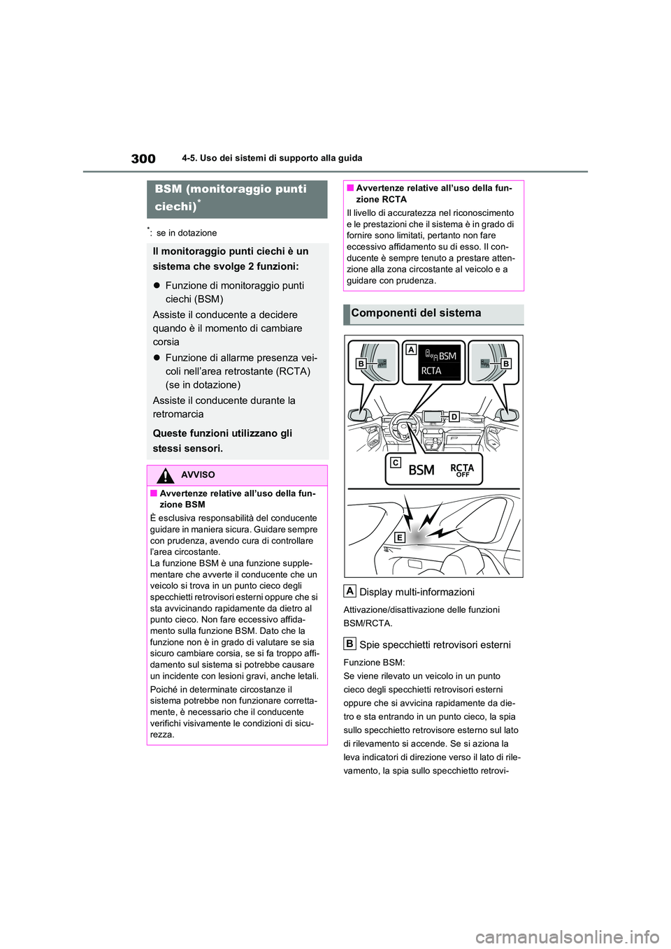 TOYOTA RAV4 2022 Manuale duso (in Italian) 3004-5. Uso dei sistemi di supporto alla guida
*: se in dotazione
Display multi-informazioni
Attivazione/disattivazione delle funzioni
BSM/RCTA.
Spie specchietti retrovisori esterni
Funzione BSM:
Se TOYOTA RAV4 2022 Manuale duso (in Italian) 3004-5. Uso dei sistemi di supporto alla guida
*: se in dotazione
Display multi-informazioni
Attivazione/disattivazione delle funzioni
BSM/RCTA.
Spie specchietti retrovisori esterni
Funzione BSM:
Se