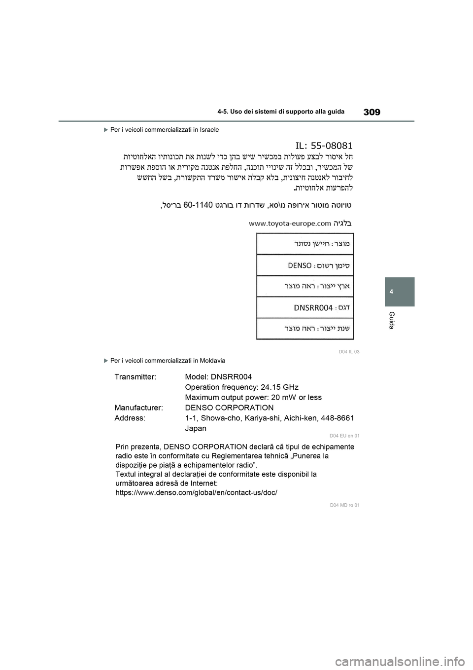 TOYOTA RAV4 2022  Manuale duso (in Italian) 309
4 4-5. Uso dei sistemi di supporto alla guida
Guida
Per i veicoli commercializzati in Israele
Per i veicoli commercializzati in Moldavia 