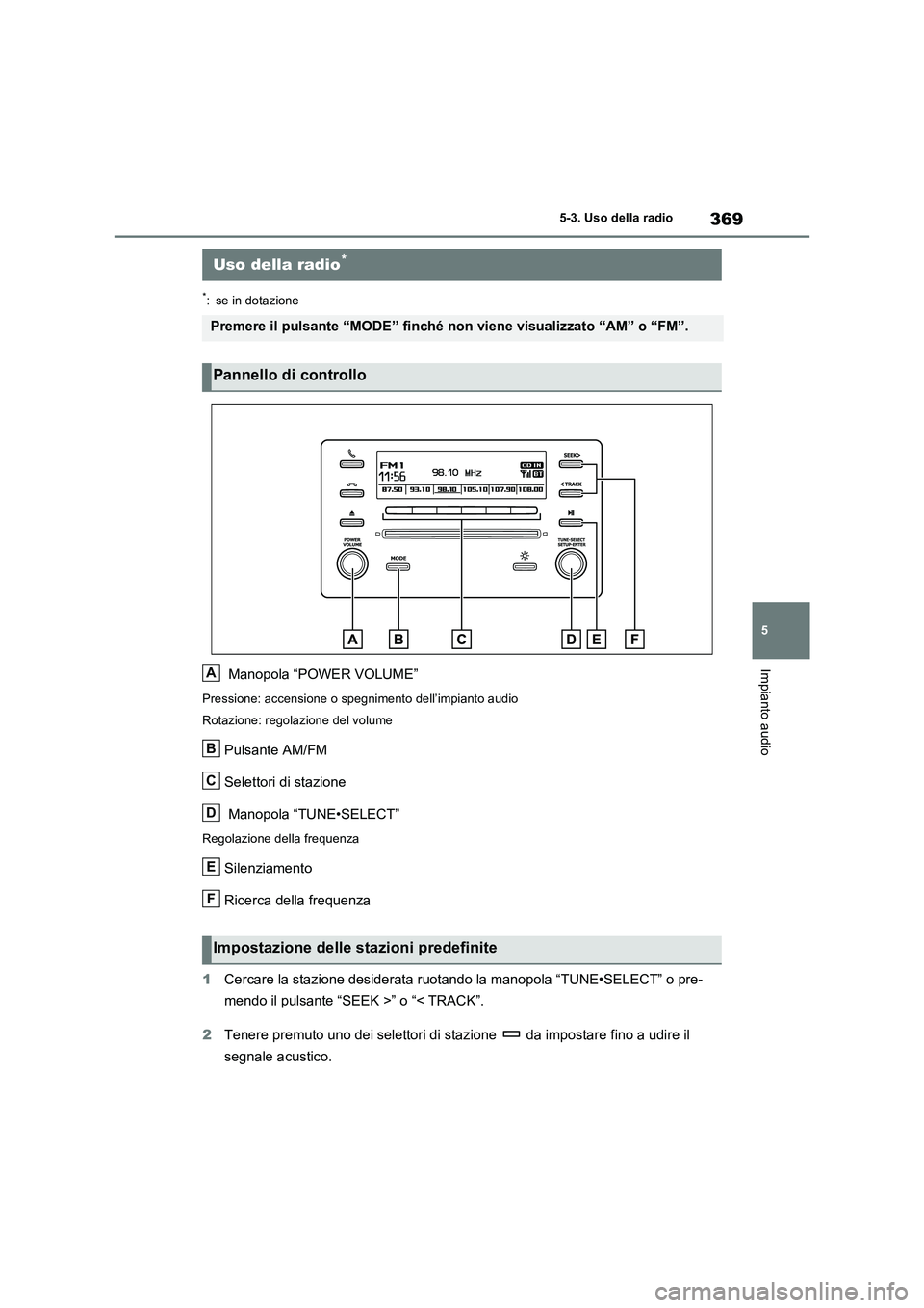 TOYOTA RAV4 2022  Manuale duso (in Italian) 369
5 5-3. Uso della radio
Impianto audio
5-3.Uso della radio
*: se in dotazione
 Manopola “POWER VOLUME”
Pressione: accensione o spegnimento dell’impianto audio
Rotazione: regolazione del volum