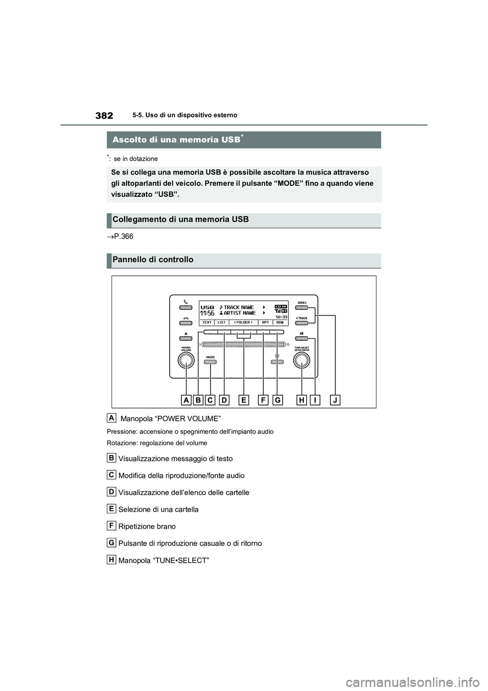 TOYOTA RAV4 2022  Manuale duso (in Italian) 3825-5. Uso di un dispositivo esterno
*: se in dotazione
P.366
 Manopola “POWER VOLUME”
Pressione: accensione o spegnimento dell’impianto audio
Rotazione: regolazione del volume
Visualizzazio