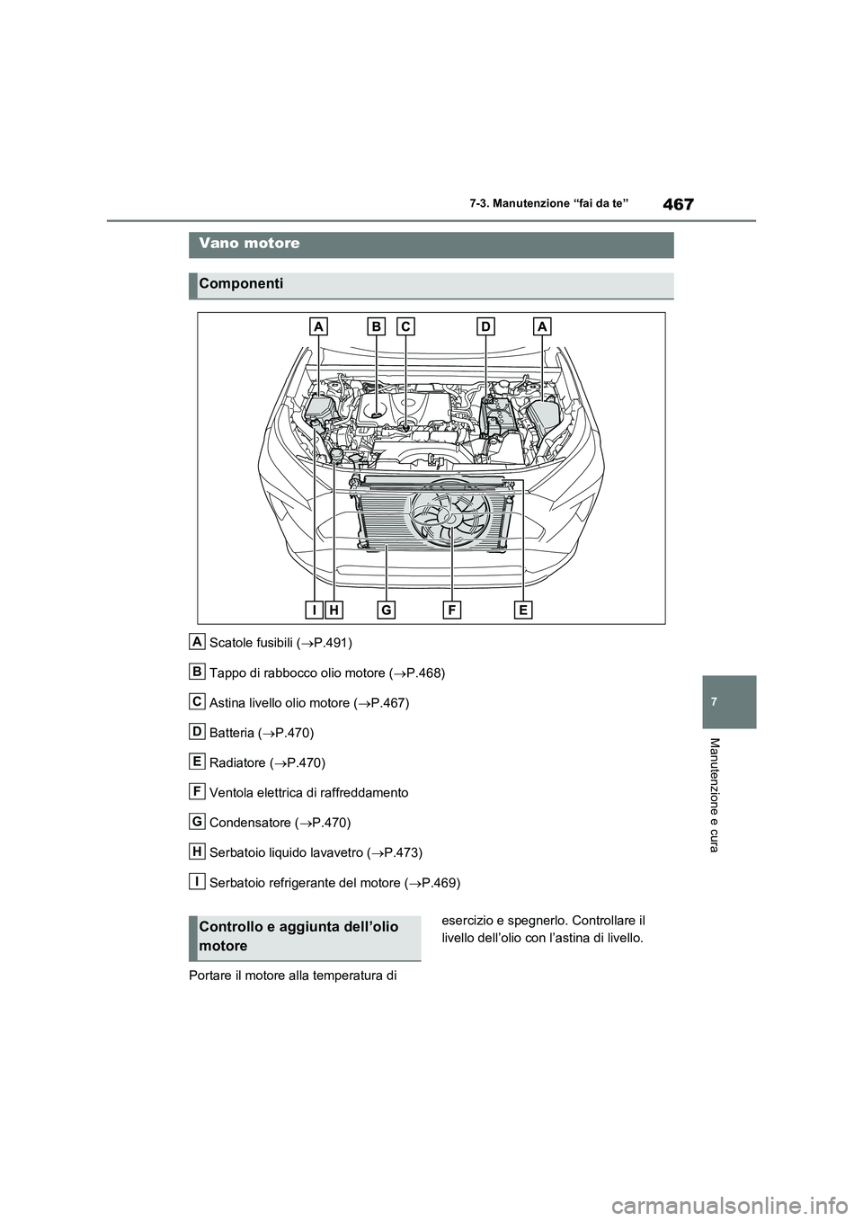 TOYOTA RAV4 2022  Manuale duso (in Italian) 467
7 7-3. Manutenzione “fai da te”
Manutenzione e cura
Scatole fusibili (P.491)
Tappo di rabbocco olio motore (P.468)
Astina livello olio motore (P.467)
Batteria (P.470)
Radiatore (