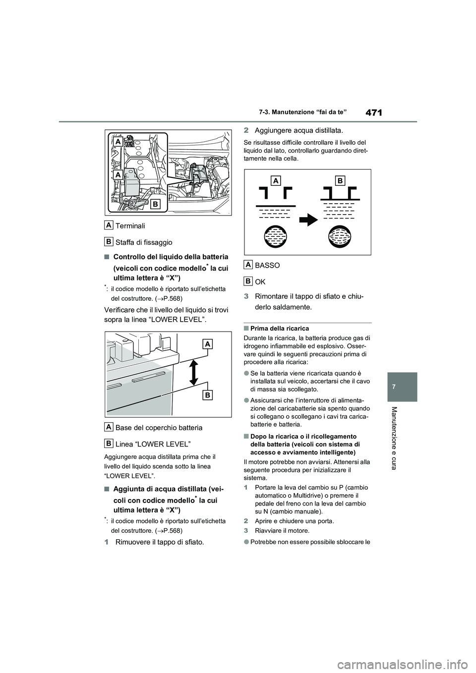 TOYOTA RAV4 2022  Manuale duso (in Italian) 471
7 7-3. Manutenzione “fai da te”
Manutenzione e cura
Terminali
Staffa di fissaggio
■Controllo del liquido della batteria 
(veicoli con codice modello
* la cui 
ultima lettera è “X”)
*: i