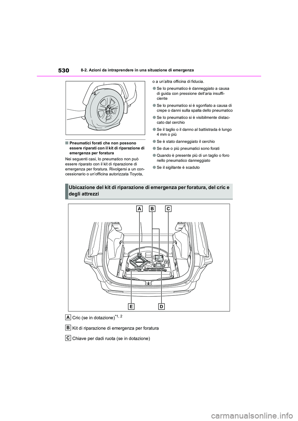 TOYOTA RAV4 2022  Manuale duso (in Italian) 5308-2. Azioni da intraprendere in una situazione di emergenza
■Pneumatici forati che non possono  essere riparati con il kit di riparazione di emergenza per foratura 
Nei seguenti casi, lo pneumati