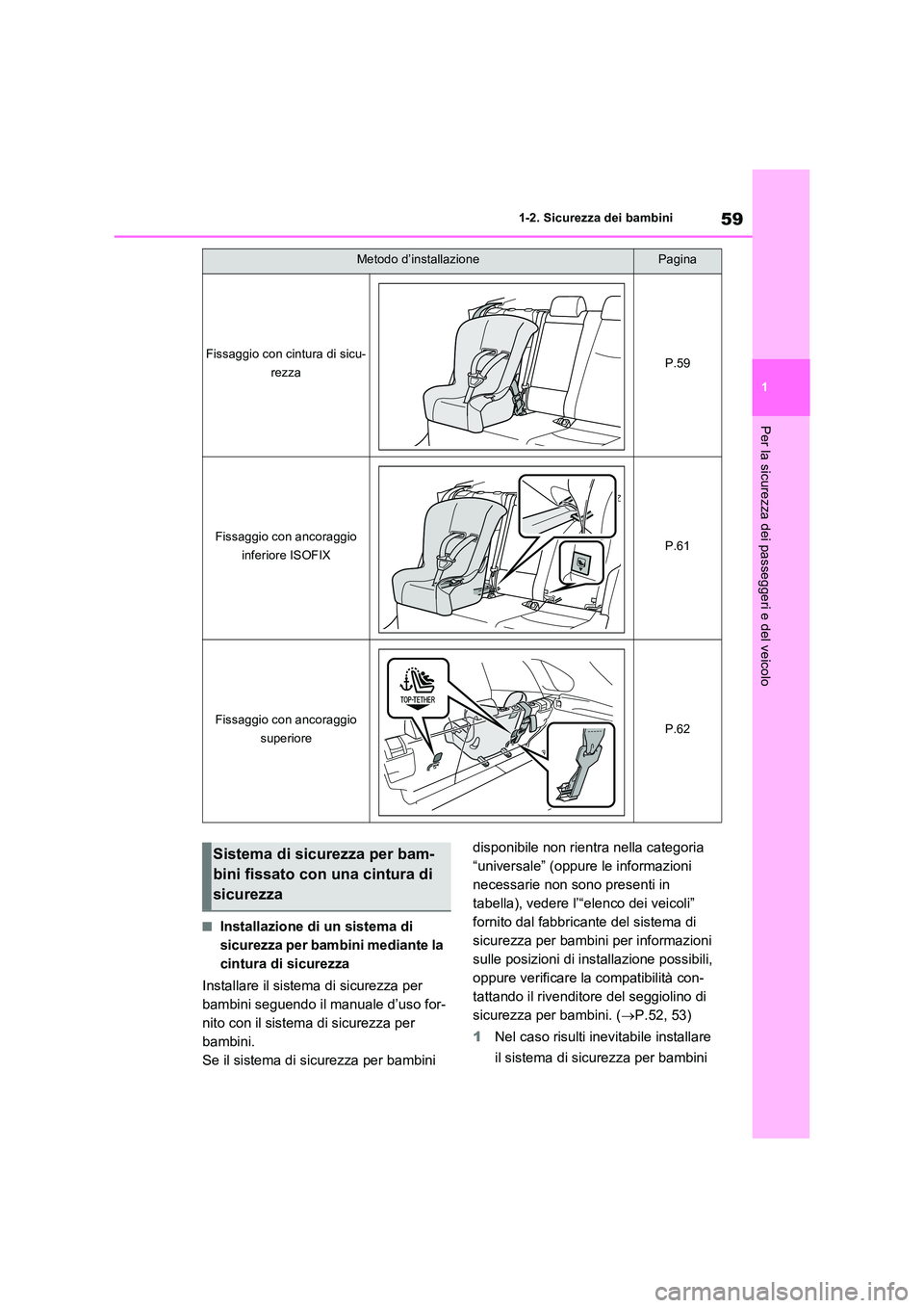 TOYOTA RAV4 2022 Manuale duso (in Italian) 59
1
1-2. Sicurezza dei bambini
Per la sicurezza dei passeggeri e del veicolo
■Installazione di un sistema di
sicurezza per bambini mediante la
cintura di sicurezza
Installare il sistema di sic TOYOTA RAV4 2022 Manuale duso (in Italian) 59
1
1-2. Sicurezza dei bambini
Per la sicurezza dei passeggeri e del veicolo
■Installazione di un sistema di
sicurezza per bambini mediante la
cintura di sicurezza
Installare il sistema di sic