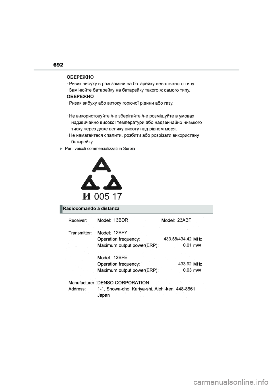 TOYOTA RAV4 2022  Manuale duso (in Italian) 692
Per i veicoli commercializzati in Serbia
Radiocomando a distanza 