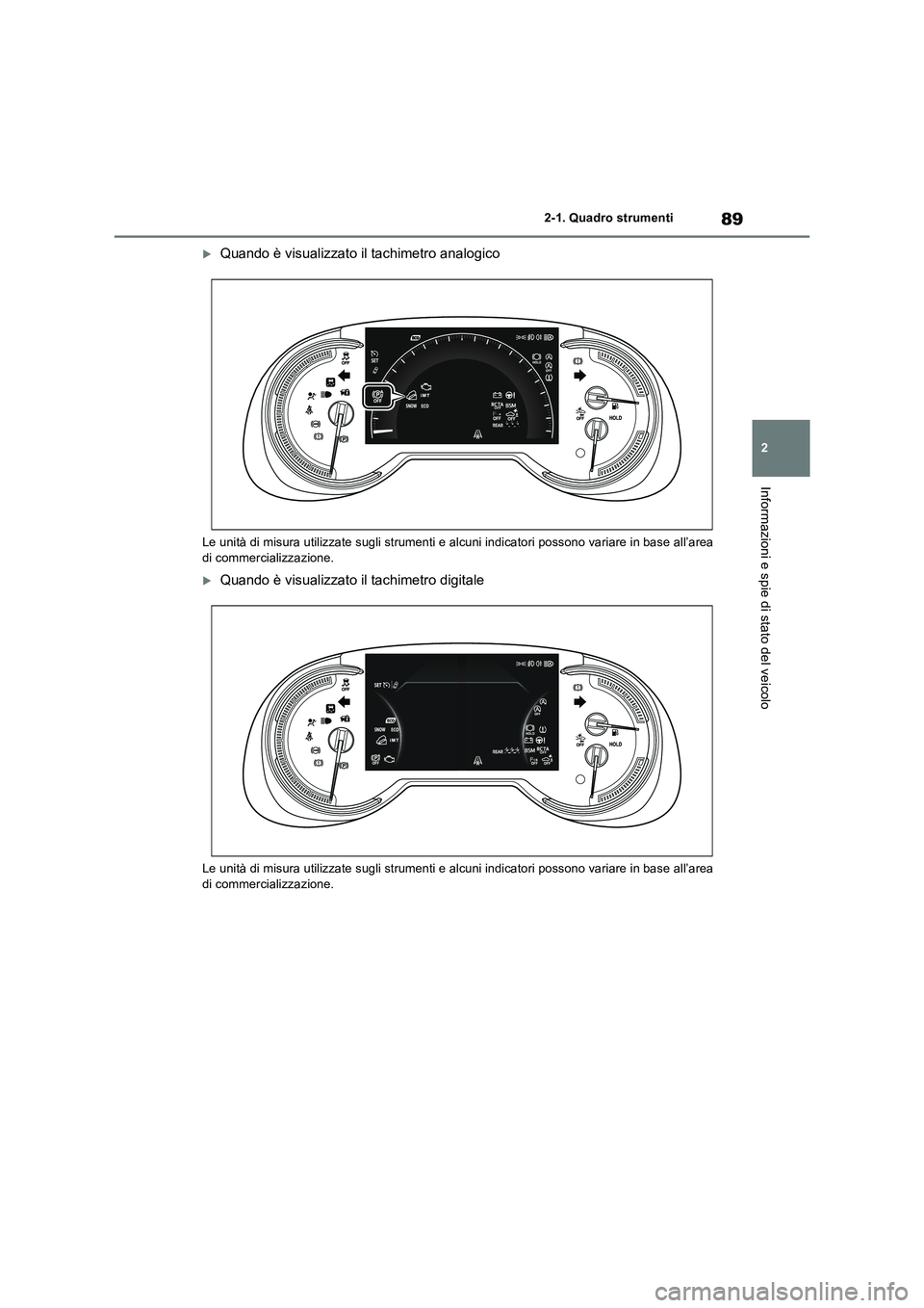 TOYOTA RAV4 2022  Manuale duso (in Italian) 89
2 
2-1. Quadro strumenti
Informazioni e spie di stato del veicolo
Quando è visualizzato il tachimetro analogico
Le unità di misura utilizzate sugli strumenti e alcuni indicatori possono variar