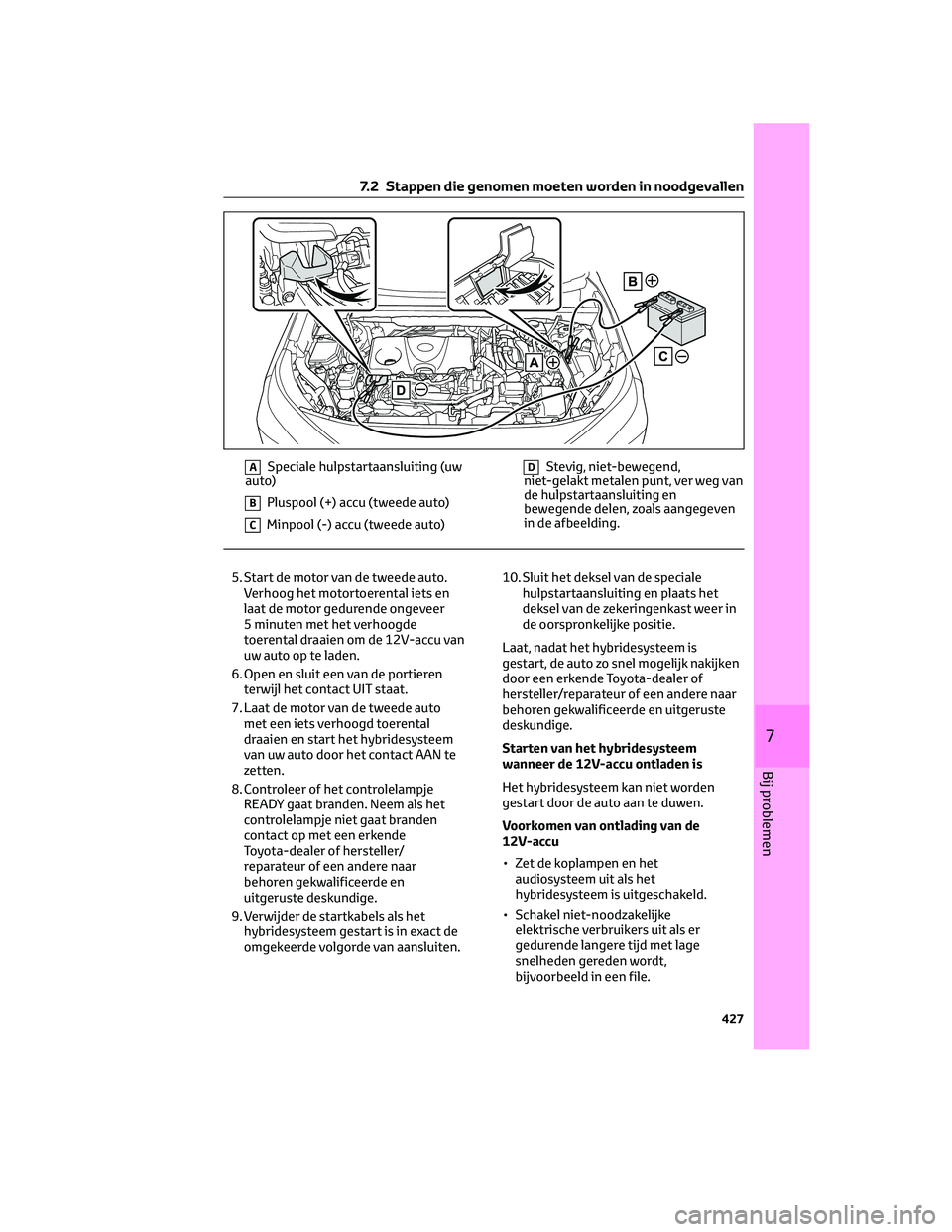 TOYOTA RAV4 2022  Instructieboekje (in Dutch) ASpeciale hulpstartaansluiting (uw
auto)
BPluspool (+) accu (tweede auto)
CMinpool (-) accu (tweede auto)
DStevig, niet-bewegend,
niet-gelakt metalen punt, ver weg van
de hulpstartaansluiting en
beweg