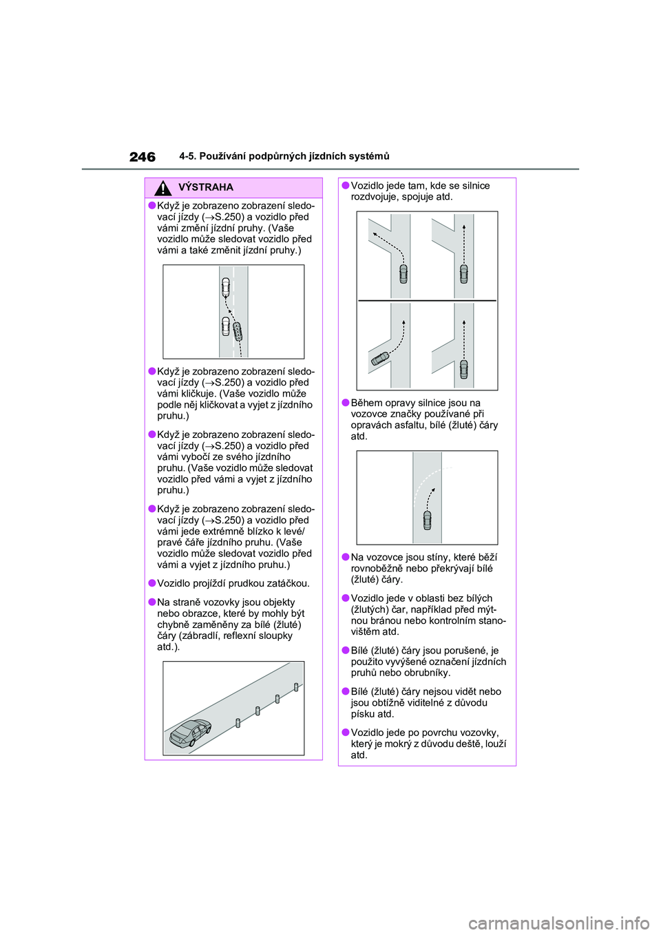 TOYOTA RAV4 2022  Návod na použití (in Czech) 2464-5. Používání podpůrných jízdních systémů
VÝSTRAHA
●Když je zobrazeno zobrazení sledo- 
vací jízdy ( S.250) a vozidlo před  
vámi změní jízdní pruhy. (Vaše  vozidlo mů