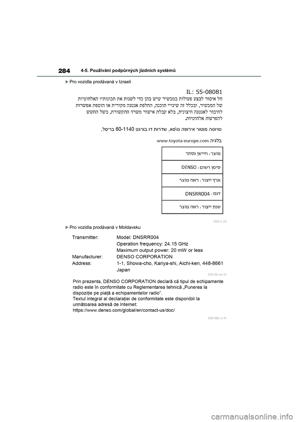 TOYOTA RAV4 2022  Návod na použití (in Czech) 2844-5. Používání podpůrných jízdních systémů
Pro vozidla prodávaná v Izraeli
Pro vozidla prodávaná v Moldavsku 