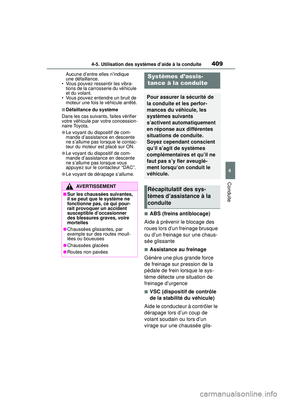TOYOTA RAV4 2020  Manuel du propriétaire (in French) 4094-5. Utilisation des systèmes d’aide à la conduite
4
Conduite
Aucune d’entre elles n’indique 
une défaillance.
• Vous pouvez ressentir les vibra-
tions de la carrosserie du véhicule 
et