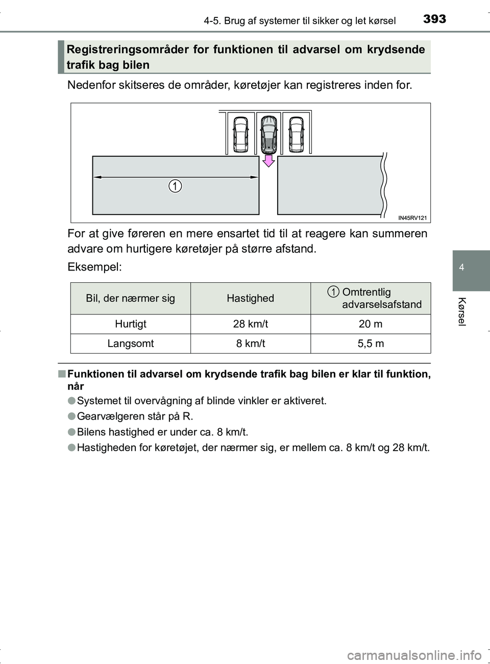 TOYOTA RAV4 2017  Brugsanvisning (in Danish) 3934-5. Brug af systemer til sikker og let kørsel
4
Kørsel
OM42753DK
Nedenfor skitseres de områder, køretøjer kan registreres inden for.
For at give føreren en mere ensartet tid til at reagere k