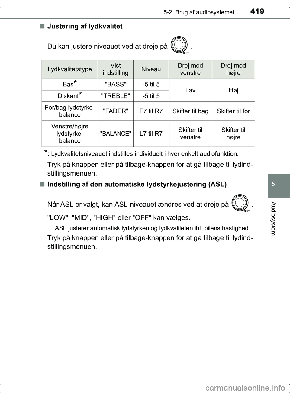 TOYOTA RAV4 2017  Brugsanvisning (in Danish) 4195-2. Brug af audiosystemet
5
Audiosystem
OM42753DKn
Justering af lydkvalitet
Du kan justere niveauet ved at dreje på  .
*: Lydkvalitetsniveauet indstilles individuelt i hver enkelt audiofunktion.
