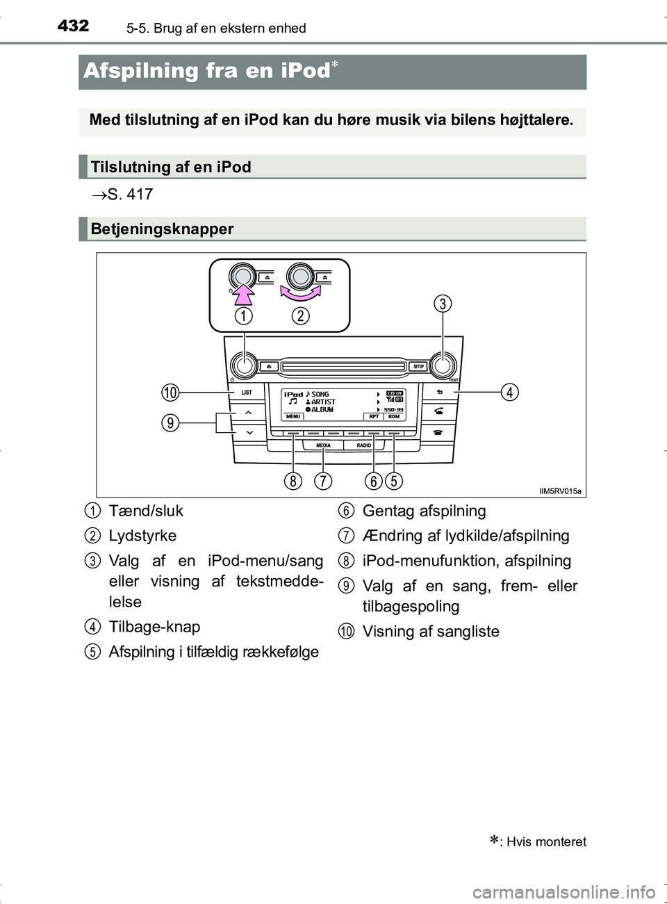TOYOTA RAV4 2017  Brugsanvisning (in Danish) 4325-5. Brug af en ekstern enhed
OM42753DK
Afspilning fra en iPod
S. 417
: Hvis monteret
Med tilslutning af en iPod kan du  høre musik via bilens højttalere.
Tilslutning af en iPod
Betjenin