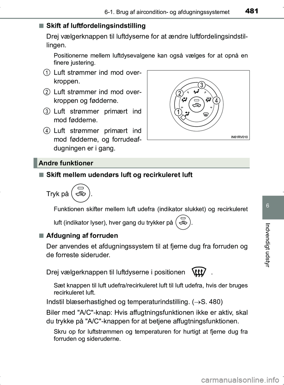TOYOTA RAV4 2017  Brugsanvisning (in Danish) 4816-1. Brug af aircondition- og afdugningssystemet
6
Indvendigt udstyr
OM42753DKn
Skift af luftfordelingsindstilling
Drej vælgerknappen til luftdyserne for at ændre luftfordelingsindstil-
lingen.
P