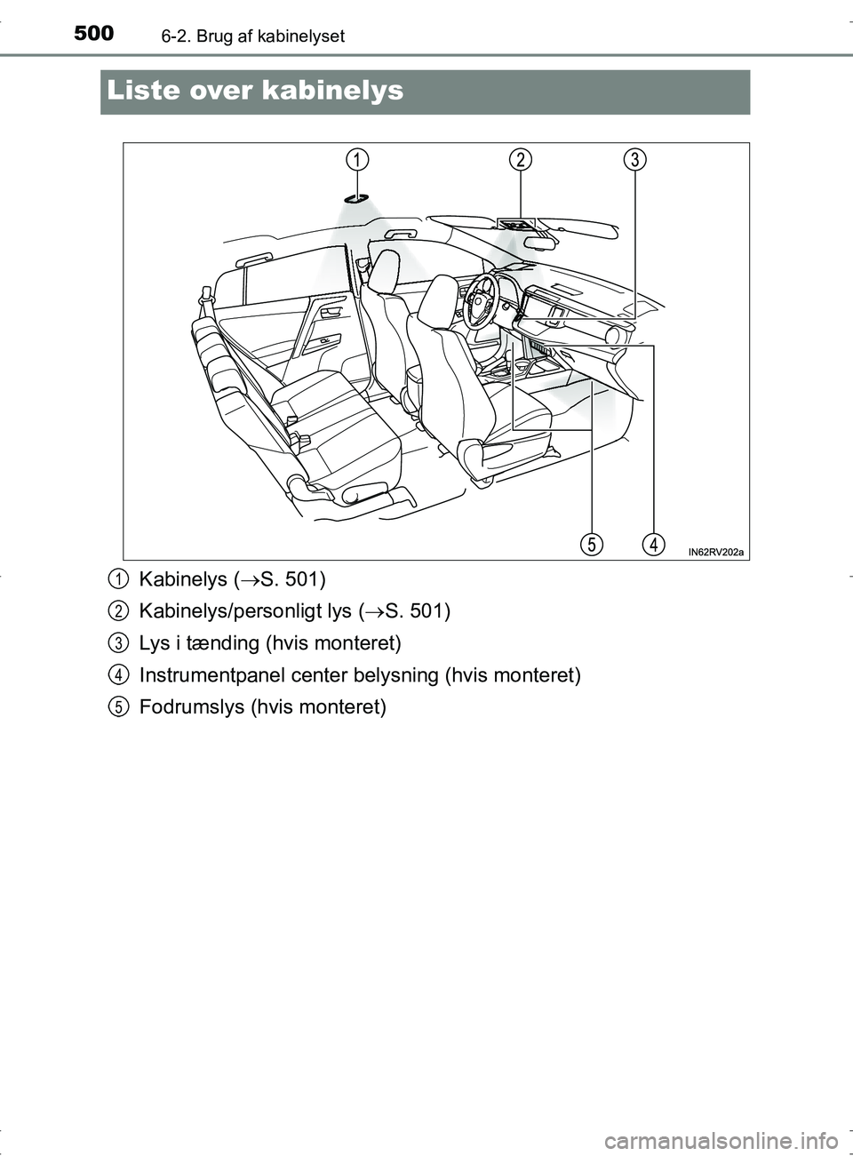 TOYOTA RAV4 2017  Brugsanvisning (in Danish) 5006-2. Brug af kabinelyset
OM42753DK
Liste over kabinelys
Kabinelys (S. 501)
Kabinelys/personligt lys ( S. 501)
Lys i tænding (hvis monteret)
Instrumentpanel center belysning (hvis monteret)
F