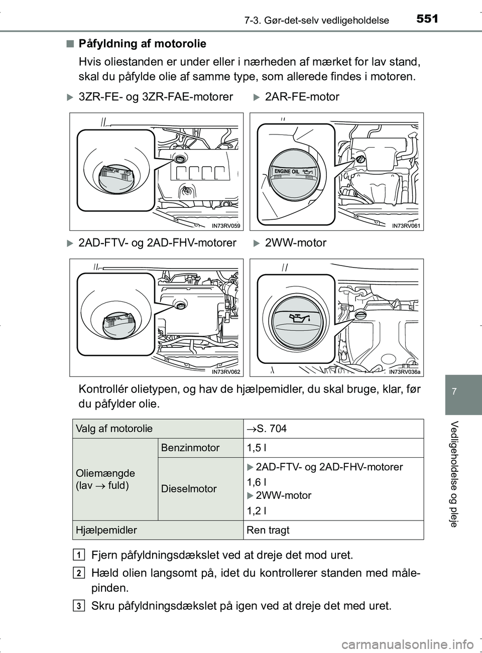 TOYOTA RAV4 2017  Brugsanvisning (in Danish) 5517-3. Gør-det-selv vedligeholdelse
OM42753DK
7
Vedligeholdelse og pleje
nPåfyldning af motorolie
Hvis oliestanden er under eller i nærheden af mærket for lav stand,
skal du påfylde olie af samm