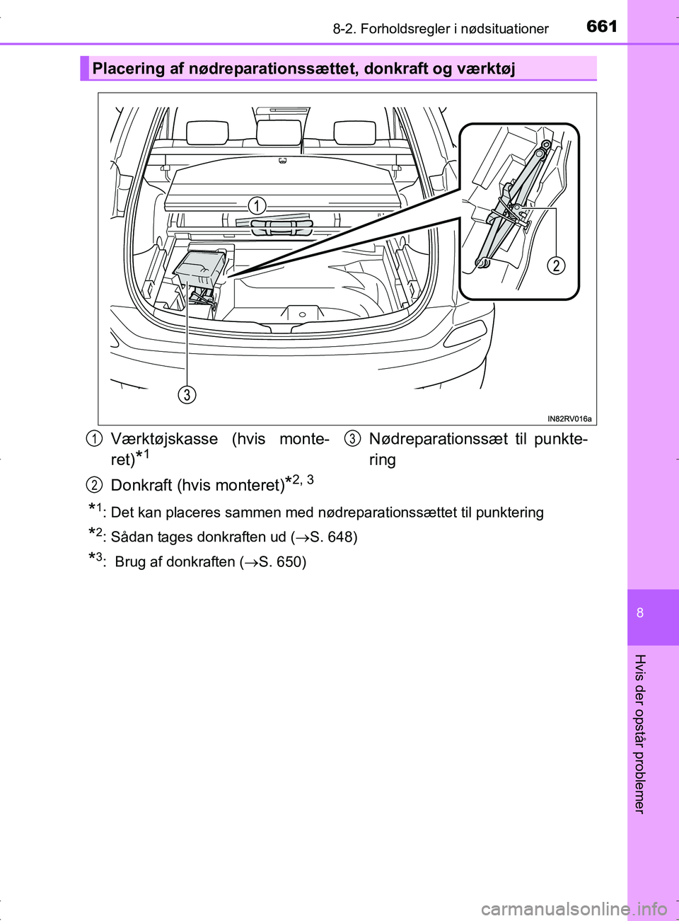 TOYOTA RAV4 2017  Brugsanvisning (in Danish) 6618-2. Forholdsregler i nødsituationer
8
Hvis der opstår problemer
OM42753DK
*1: Det kan placeres sammen med nødreparationssættet til punktering
*2: Sådan tages donkraften ud (S. 648)
*3:  Br