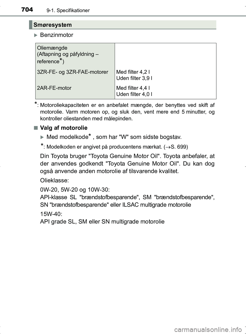 TOYOTA RAV4 2017  Brugsanvisning (in Danish) 7049-1. Specifikationer
OM42753DK
Benzinmotor
*: Motoroliekapaciteten er en anbefalet mængde, der benyttes ved skift afmotorolie. Varm motoren op, og sluk den, vent mere end 5 minutter, og
kontrol