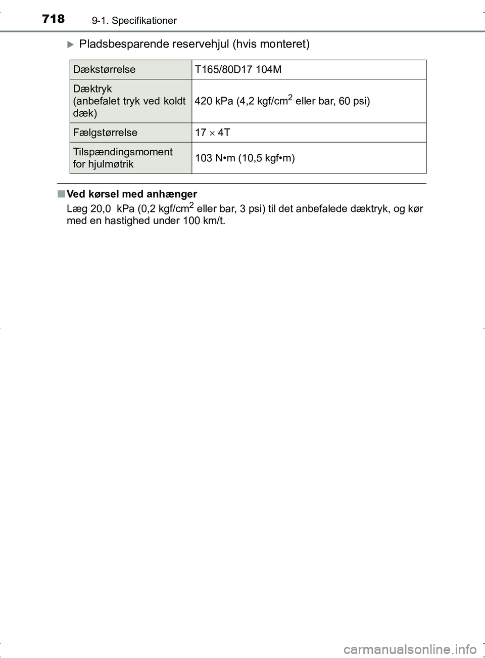 TOYOTA RAV4 2017  Brugsanvisning (in Danish) 7189-1. Specifikationer
OM42753DK
Pladsbesparende reservehjul (hvis monteret)
nVed kørsel med anhænger
Læg 20,0  kPa (0,2 kgf/cm2 eller bar, 3 psi) til det anbefalede dæktryk, og kør
med en ha