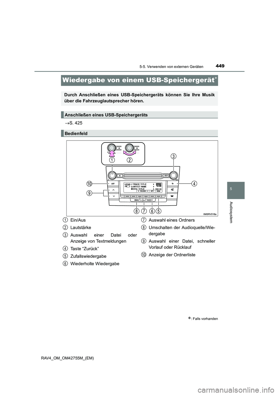 TOYOTA RAV4 2017  Betriebsanleitungen (in German) 449
5
5-5. Verwenden von externen Geräten
Audiosystem
RAV4_OM_OM42755M_(EM)
Wiedergabe von einem USB-Speichergerät∗
→S. 425
∗: Falls vorhanden
Durch Anschließen eines USB-Speich ergeräts kö