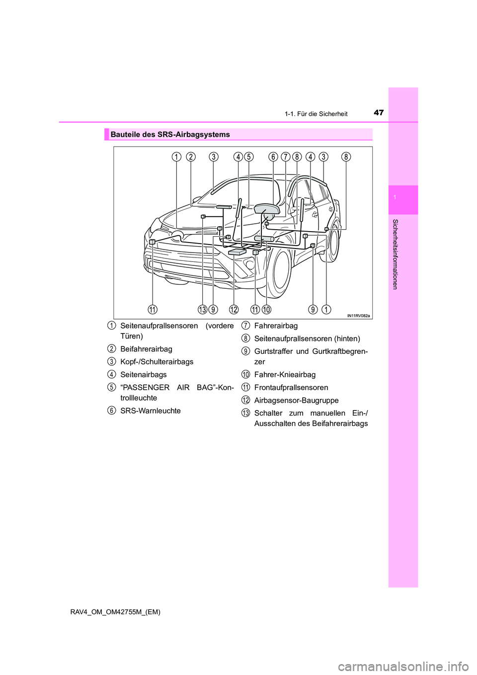 TOYOTA RAV4 2017  Betriebsanleitungen (in German) 471-1. Für die Sicherheit
1
RAV4_OM_OM42755M_(EM)
Sicherheitsinformationen
Bauteile des SRS-Airbagsystems
Seitenaufprallsensoren (vordere
Türen)
Beifahrerairbag
Kopf-/Schulterairbags
Seitenairbags
