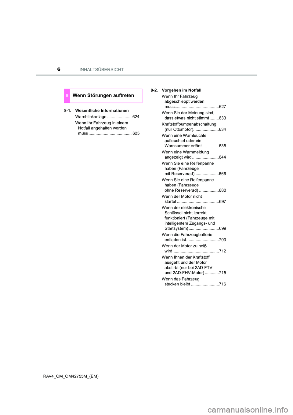 TOYOTA RAV4 2017 Betriebsanleitungen (in German) INHALTSÜBERSICHT6
RAV4_OM_OM42755M_(EM)8-1. Wesentliche Informationen
Warnblinkanlage ..................... 624
Wenn Ihr Fahrzeug in einem Notfall angehalten werden
muss ............................ TOYOTA RAV4 2017 Betriebsanleitungen (in German) INHALTSÜBERSICHT6
RAV4_OM_OM42755M_(EM)8-1. Wesentliche Informationen
Warnblinkanlage ..................... 624
Wenn Ihr Fahrzeug in einem Notfall angehalten werden
muss ............................
