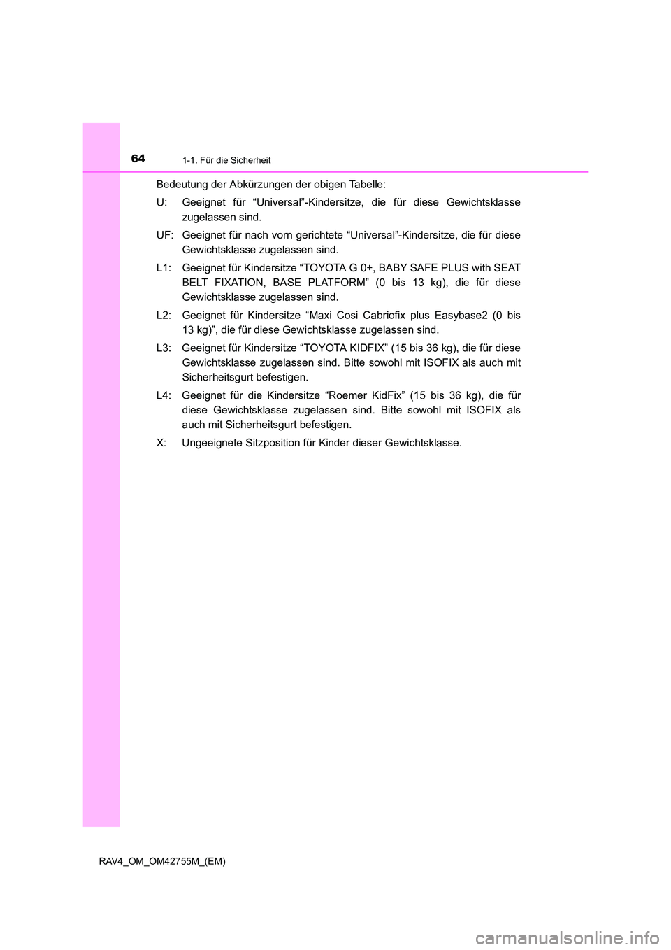 TOYOTA RAV4 2017  Betriebsanleitungen (in German) 641-1. Für die Sicherheit
RAV4_OM_OM42755M_(EM)
Bedeutung der Abkürzungen der obigen Tabelle:
U: Geeignet für “Universal”-Kindersitze, die für diese Gewichtsklassezugelassen sind.
UF: Geeignet
