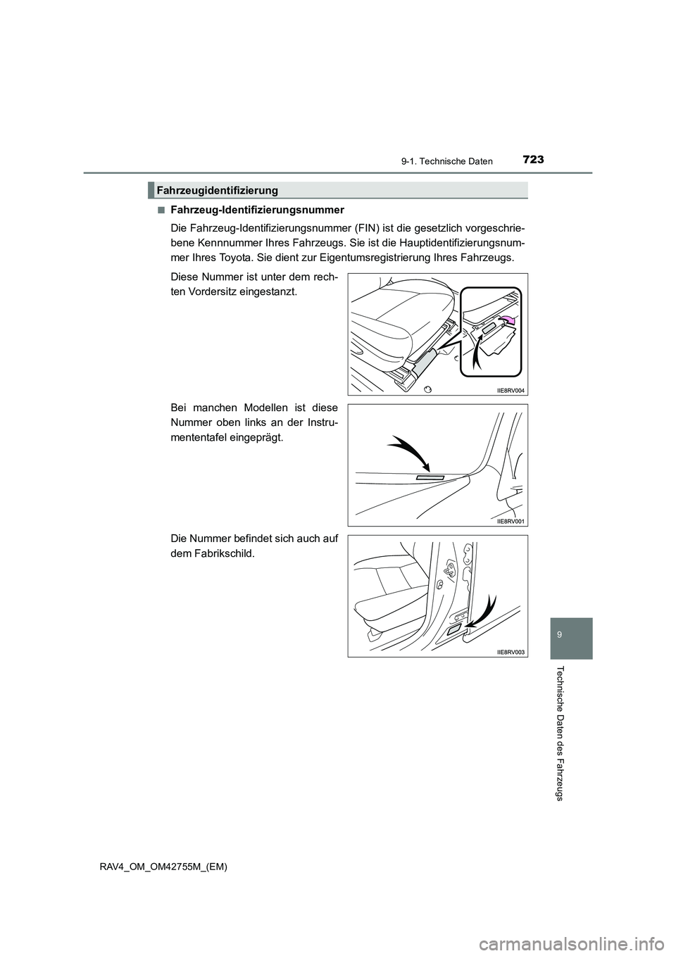 TOYOTA RAV4 2017  Betriebsanleitungen (in German) 7239-1. Technische Daten
RAV4_OM_OM42755M_(EM)
9
Technische Daten des Fahrzeugs
■Fahrzeug-Identifizierungsnummer
Die Fahrzeug-Identifizierungsnummer (FIN) ist die gesetzlich vorgeschrie-
bene Kennnu