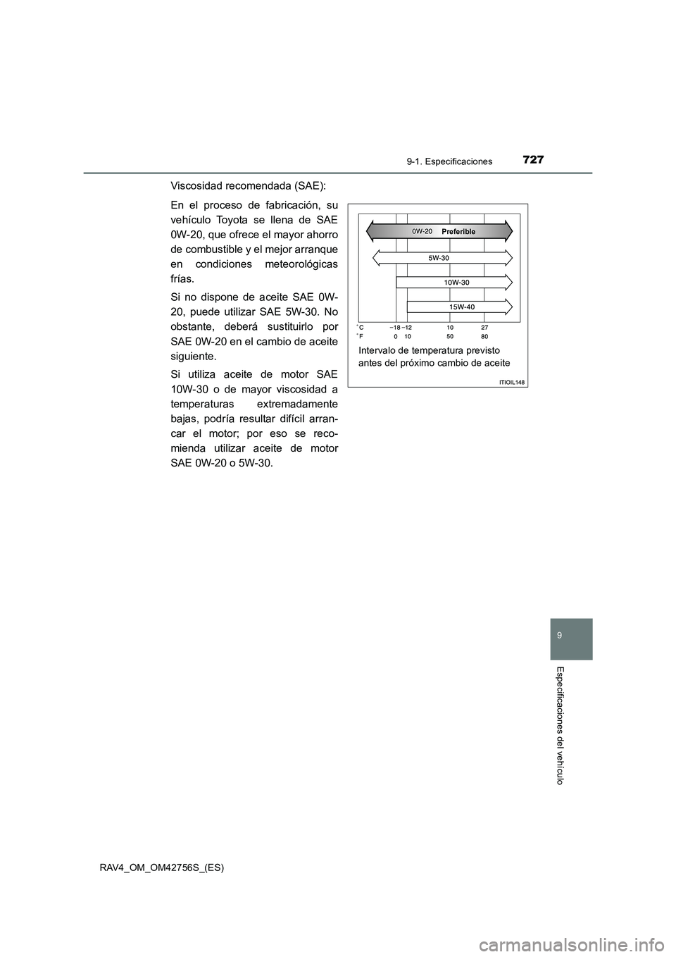 TOYOTA RAV4 2017  Manual del propietario (in Spanish) 7279-1. Especificaciones
RAV4_OM_OM42756S_(ES)
9
Especificaciones del vehículo
Viscosidad recomendada (SAE):
En el proceso de fabricación, su
vehículo Toyota se llena de SAE
0W-20, que ofrece el ma