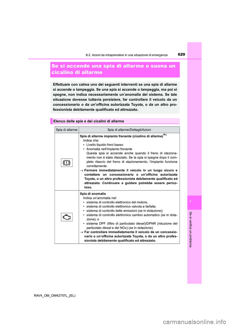 TOYOTA RAV4 2017 Manuale duso (in Italian) 6298-2. Azioni da intraprendere in una situazione di emergenza
8
Se si verifica un problema
RAV4_OM_OM42757L_(EL)
Se si accende una spia di allar me o suona un
cicalino di allar me
Effettuare con cal TOYOTA RAV4 2017 Manuale duso (in Italian) 6298-2. Azioni da intraprendere in una situazione di emergenza
8
Se si verifica un problema
RAV4_OM_OM42757L_(EL)
Se si accende una spia di allar me o suona un
cicalino di allar me
Effettuare con cal
