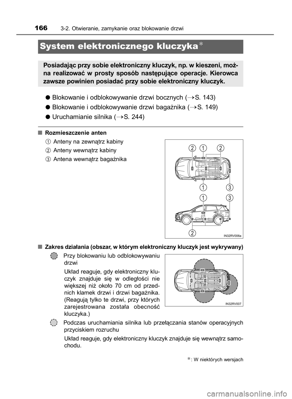 TOYOTA RAV4 2017 Instrukcja obsługi (in Polish) Blokowanie i odblokowywanie drzwi bocznych (S. 143)
Blokowanie i odblokowywanie drzwi baga˝nika (
S. 149)
Uruchamianie silnika (
S. 244)
Rozmieszczenie anten
Anteny na zewnàtrz kabiny
Anteny wewn TOYOTA RAV4 2017 Instrukcja obsługi (in Polish) Blokowanie i odblokowywanie drzwi bocznych (S. 143)
Blokowanie i odblokowywanie drzwi baga˝nika (
S. 149)
Uruchamianie silnika (
S. 244)
Rozmieszczenie anten
Anteny na zewnàtrz kabiny
Anteny wewn