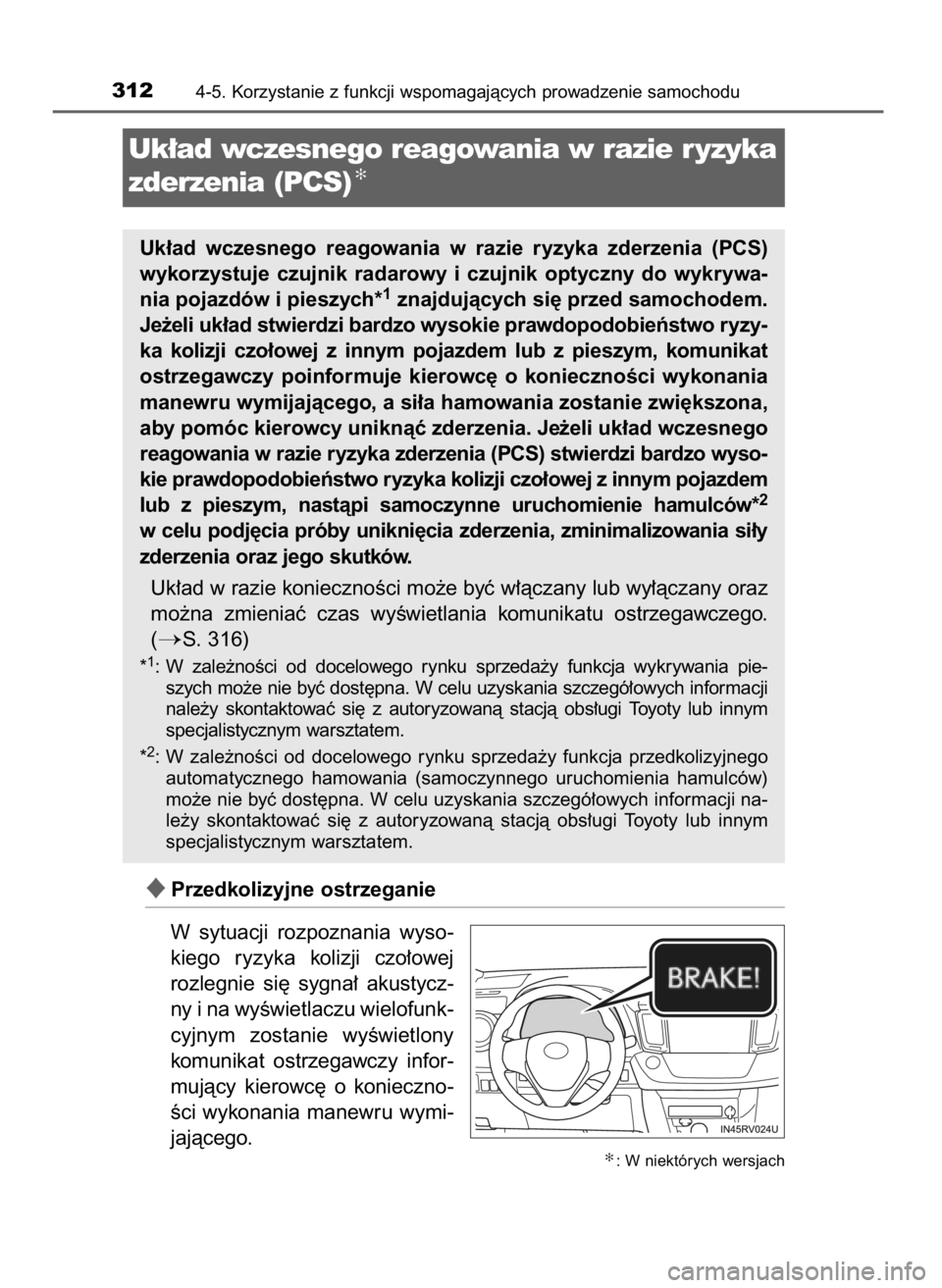 TOYOTA RAV4 2017 Instrukcja obsługi (in Polish) Przedkolizyjne ostrzeganie
W sytuacji rozpoznania wyso-
kiego ryzyka kolizji czo∏owej
rozlegnie si´ sygna∏ akustycz-
ny i na wyÊwietlaczu wielofunk-
cyjnym zostanie wyÊwietlony
komun TOYOTA RAV4 2017 Instrukcja obsługi (in Polish) Przedkolizyjne ostrzeganie
W sytuacji rozpoznania wyso-
kiego ryzyka kolizji czo∏owej
rozlegnie si´ sygna∏ akustycz-
ny i na wyÊwietlaczu wielofunk-
cyjnym zostanie wyÊwietlony
komun