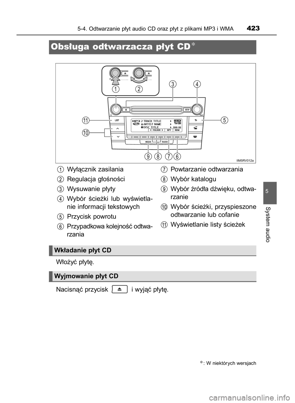 TOYOTA RAV4 2017  Instrukcja obsługi (in Polish) W∏o˝yç p∏yt´.
Nacisnàç przycisk  i wyjàç p∏yt´.
5-4. Odtwarzanie p∏yt audio CD oraz p∏yt z plikami MP3 i WMA423
5
System audio
Obs∏uga odtwarzacza p∏yt CD✻
Wy∏àcznik zasilan