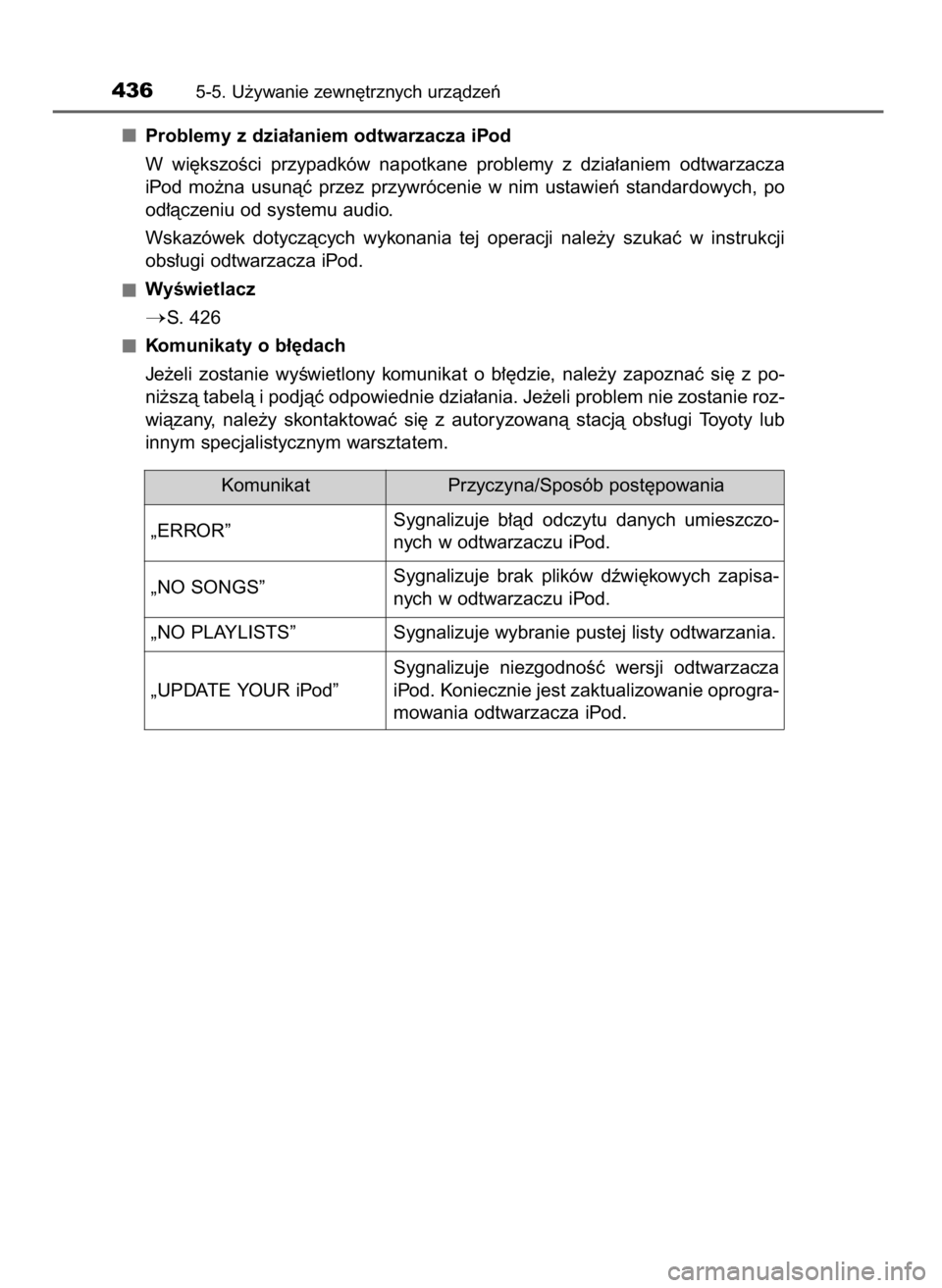 TOYOTA RAV4 2017 Instrukcja obsługi (in Polish) Problemy z dzia∏aniem odtwarzacza iPod
W wi´kszoÊci przypadków napotkane problemy z dzia∏aniem odtwarzacza
iPod mo˝na usunàç przez przywrócenie w nim ustawieƒ standardowych, p TOYOTA RAV4 2017 Instrukcja obsługi (in Polish) Problemy z dzia∏aniem odtwarzacza iPod
W wi´kszoÊci przypadków napotkane problemy z dzia∏aniem odtwarzacza
iPod mo˝na usunàç przez przywrócenie w nim ustawieƒ standardowych, p