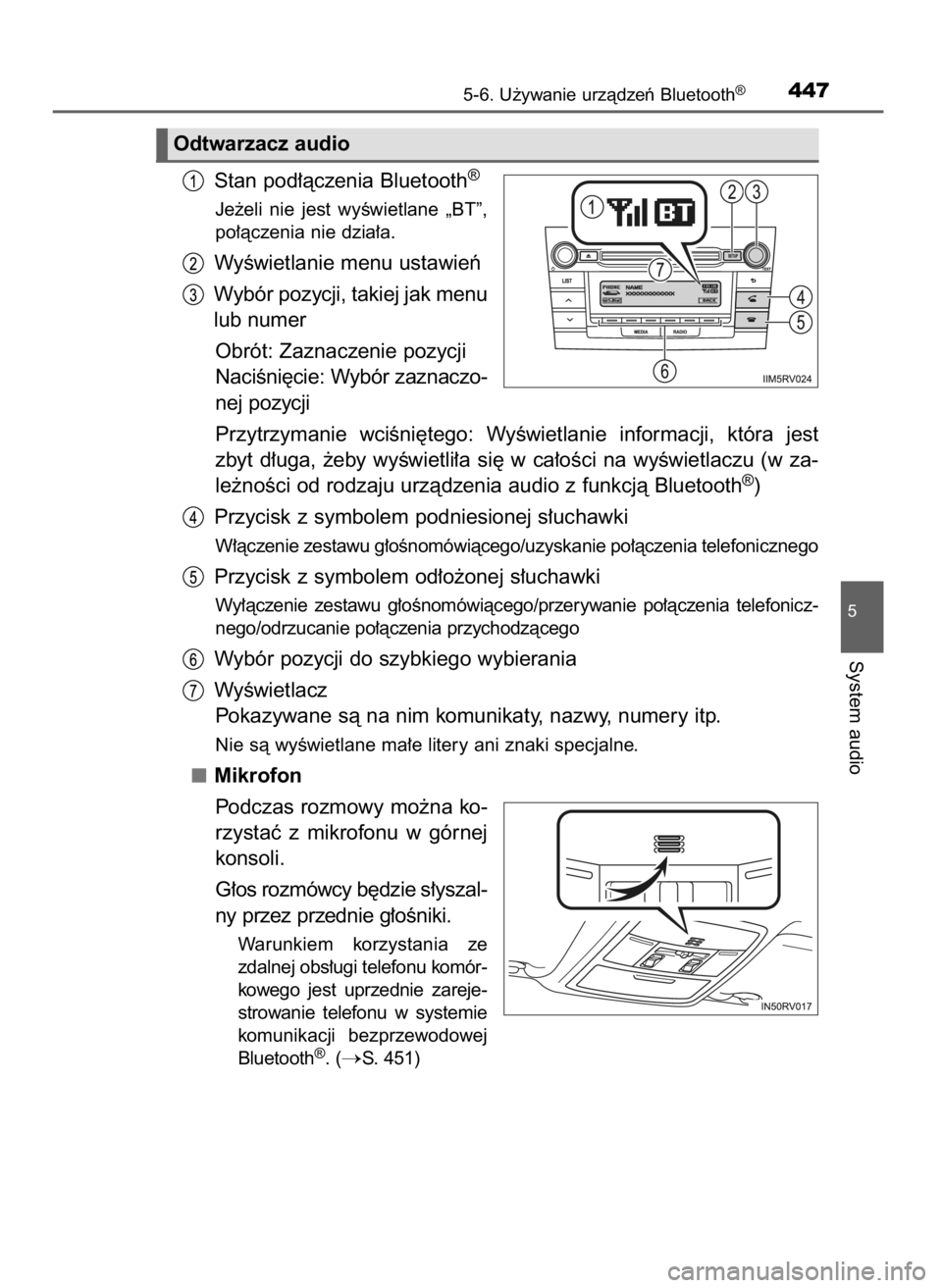 TOYOTA RAV4 2017 Instrukcja obsługi (in Polish) Stan pod∏àczenia Bluetooth®
Je˝eli nie jest wyÊwietlane „BT”,
po∏àczenia nie dzia∏a.
WyÊwietlanie menu ustawieƒ
Wybór pozycji, takiej jak menu
lub numer
Obrót: Zaznaczenie pozyc TOYOTA RAV4 2017 Instrukcja obsługi (in Polish) Stan pod∏àczenia Bluetooth®
Je˝eli nie jest wyÊwietlane „BT”,
po∏àczenia nie dzia∏a.
WyÊwietlanie menu ustawieƒ
Wybór pozycji, takiej jak menu
lub numer
Obrót: Zaznaczenie pozyc